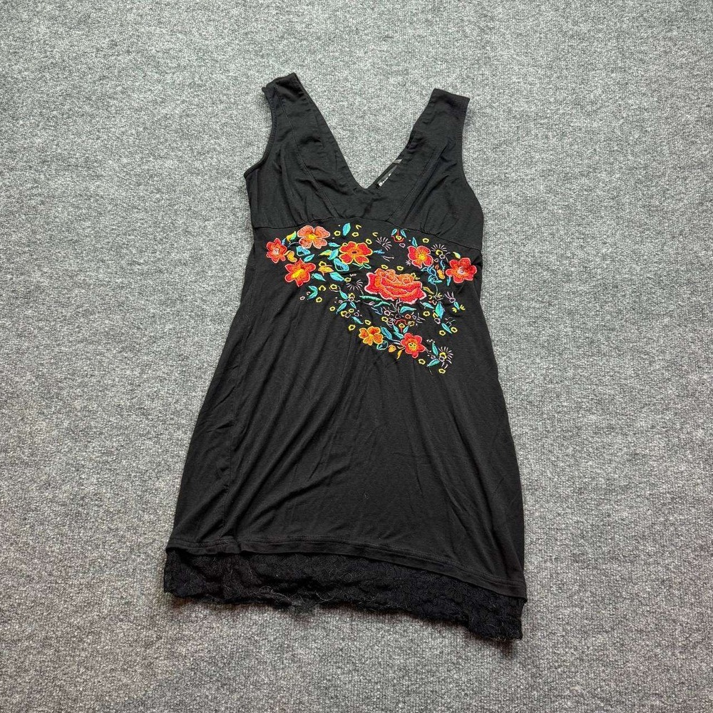 Rosa Rose Dress Women Black Floral Lace Trim V Neck Sleeveless Mini Casual Party